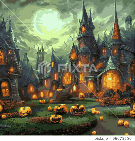 Happy Halloween poster in fantasy style, night background with spooky pumpkins on dark gothic castle background, illustration. Vector elements for banner, Halloween celebration greeting card. 96075550