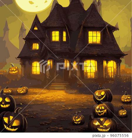Happy Halloween poster in fantasy style, night background with spooky pumpkins on dark gothic castle background, illustration. Vector elements for banner, Halloween celebration greeting card. 96075556