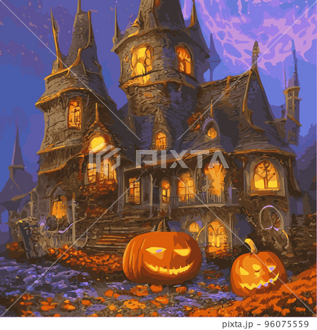 Happy Halloween poster in fantasy style, night background with spooky pumpkins on dark gothic castle background, illustration. Vector elements for banner, Halloween celebration greeting card. 96075559
