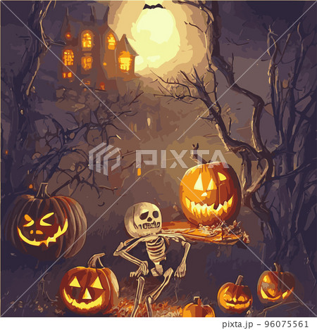 Halloween. Happy Halloween Fantasy Illustration with Halloween pumpkin, trees, house, moon on the background of old gothic castles. Fantasy poster for halloween 96075561