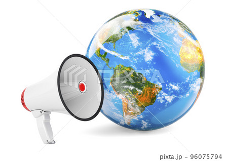 Megaphone with Earth Globe. Global promotion concept, 3D rendering Megaphone with Earth Globe. Global promotion concept, 3D rendering 96075794