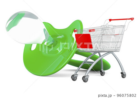Shopping basket with baby pacifier. 3D rendering 96075802