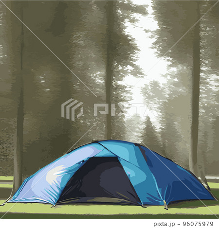 Camping tent near green forest and mountains. Summer or spring landscape. Cartoon tourist camp with a picnic place and a tent among the forests, mountain landscape. Vector illustration in flat style Camping tent near green forest and mountains. Summer or spring landscape. Cartoon tourist camp with a picnic place and a tent among the forests, mountain landscape. Vector illustration in flat style 96075979
