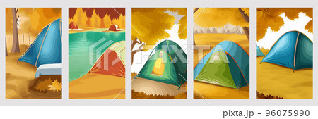 Vector illustration of an autumn rural landscape with a campsite near the forest and colorful trees covered with golden, red and yellow balls. Autumn vertical poster set, flyer, landing page design.  96075990