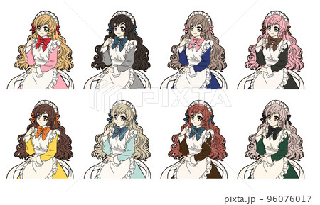 メイド服を着た女の子のアニメ風イラスト（バリエーションセット）の