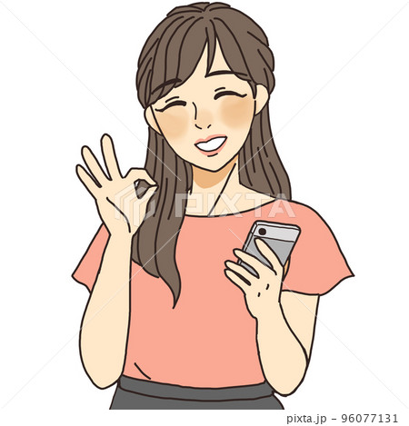 スマホを片手にOKサインを出すオフィスカジュアルな女性 96077131