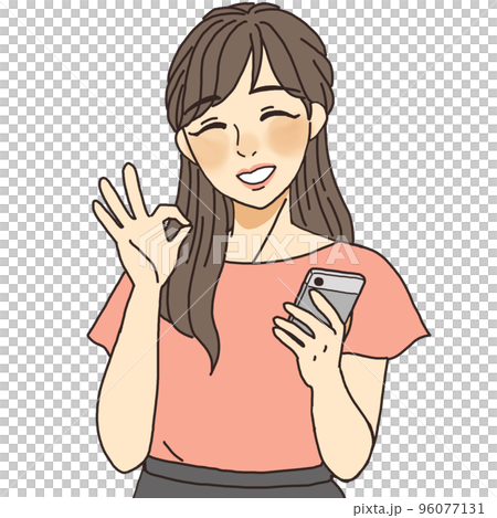 スマホを片手にOKサインを出すオフィスカジュアルな女性 96077131