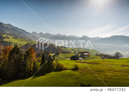 Mountain landscape in Swiss Toggenburg with view to the Churfirsten, Canton St. Gallen, Switzerland 96077282