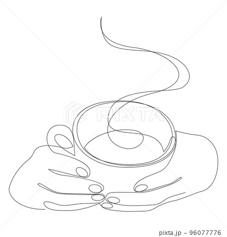 Continuous line drawing of hands holding a cup of hot coffee. Minimalist style one line art vector illustration. Continuous line drawing of hands holding a cup of hot coffee. Minimalist style one line art vector illustration. 96077776