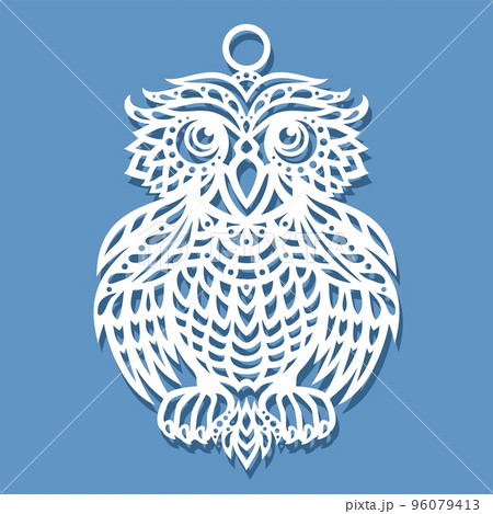 Pendant in the shape of a decorative owl. Christmas hanging toy, jewelry decoration, trinket with a bird. Template for plotter laser cutting of paper, metal engraving, wood carving, cnc. Vector image. Pendant in the shape of a decorative owl. Christmas hanging toy, jewelry decoration, trinket with a bird. Template for plotter laser cutting of paper, metal engraving, wood carving, cnc. Vector image. 96079413