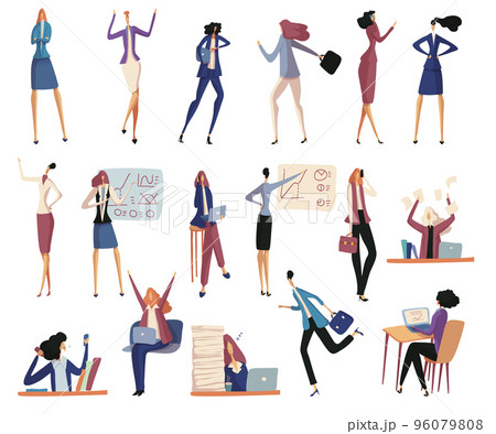 Business Woman Character in Formal Suit Busy with Different Daily Routine Big Vector Set 96079808