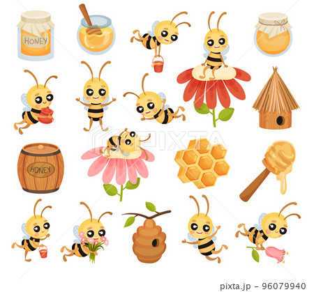 Cute Little Bee with Striped Body with Sweet Honey and Honeycomb Big Vector Set Cute Little Bee with Striped Body with Sweet Honey and Honeycomb Big Vector Set 96079940