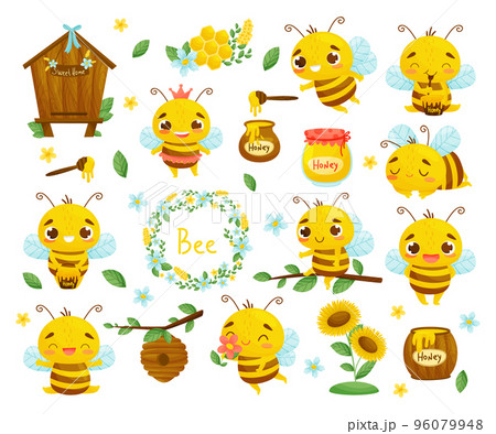 Cute Little Bee with Striped Body with Sweet Honey and Honeycomb Big Vector Set Cute Little Bee with Striped Body with Sweet Honey and Honeycomb Big Vector Set 96079948