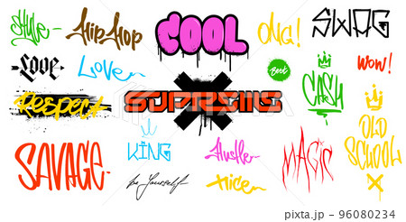 Street Graffiti inscriptions, tags and lettering elements with grunge fonts effect Street Graffiti inscriptions, tags and lettering elements with grunge fonts effect 96080234