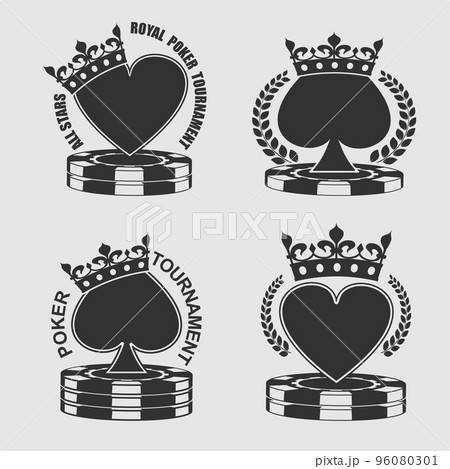 Poker tournament emblem isolated monochrome logo on white background. Spades in crown and laurel wreath. Royal hearts on stack of casino chips. Vector graphic casino sign design set 96080301