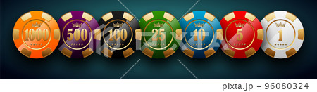 Golden poker chips in different glossy colors and denominations. Black jack poker club casino crown emblem isolated on turquoise background. Vector VIP casino chip icon expensive design Golden poker chips in different glossy colors and denominations. Black jack poker club casino crown emblem isolated on turquoise background. Vector VIP casino chip icon expensive design 96080324