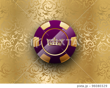 Purple gold poker chip glossy black jack poker club casino crown emblem on golden floral pattern background. Vector VIP casino chip luxury icon design. Royal casino background Purple gold poker chip glossy black jack poker club casino crown emblem on golden floral pattern background. Vector VIP casino chip luxury icon design. Royal casino background 96080329