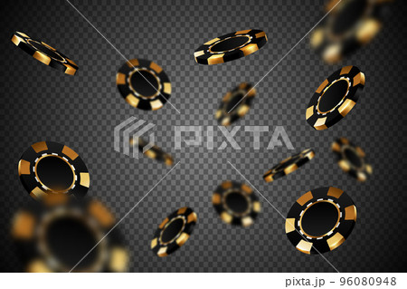 Black gold casino chips falling in different positions on transparent background. Golden poker chips isolated backdrop with defocused blur elements 96080948
