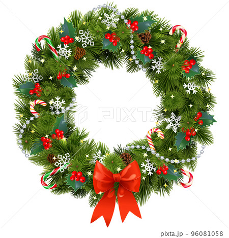 Vector Christmas Pine Fluffy Wreath with Red Berry 96081058