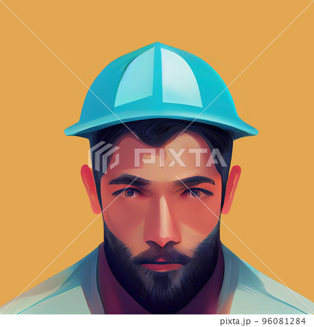 Portrait of a miner in a helmet. Head of a bearded builder in a hard hat. Digital illustration. Portrait of a miner in a helmet. Head of a bearded builder in a hard hat. Digital illustration. 96081284