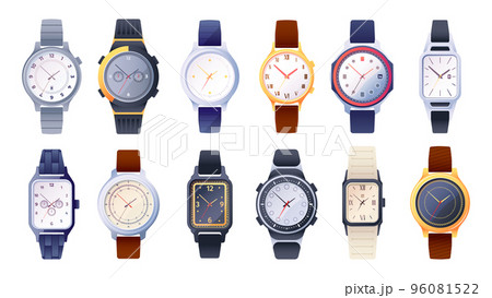 Wrist watch collection. Classic mechanical clock face with fashion bracelet flat style, analog wristwatch smartwatch male female accessory. Vector set Wrist watch collection. Classic mechanical clock face with fashion bracelet flat style, analog wristwatch smartwatch male female accessory. Vector set 96081522