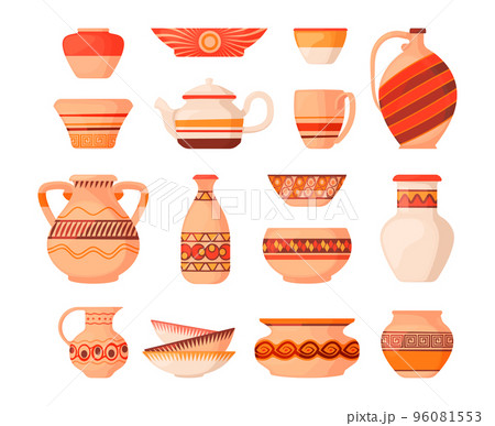 Ceramic pots. Ancient clay pottery objects with decorative textures, antique vintage jug bowl urn vase pitcher clayware assortment. Vector isolated set 96081553