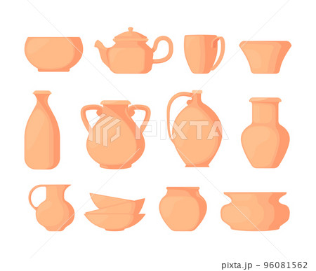 Clay vases. Ceramic ancient pottery kitchenware, earthenware cup pot vessel kettle jar pitcher utensil decorative cookware assortment flat style. Vector set 96081562