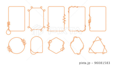 Rope border. Decorative thread frame with sailor knots noose loops, twisted braided marine jute cord square round shapes. Vector isolated set 96081583