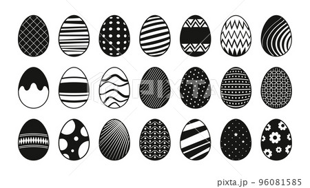 Easter eggs black icons. Abstract decorative elements for traditional spring holiday celebration, flat doodle stencil egghunting decoration. Vector set 96081585