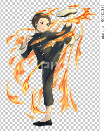 チャイナ服を着てキックをするポーズの男性　短髪　カンフースター風　炎エフェクト有り 96081586
