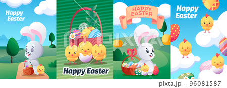 Easter posters. Abstract modern posters with cartoon colorful eggs cute bunnies chicks for spring holiday celebration postcard. Vector background set 96081587