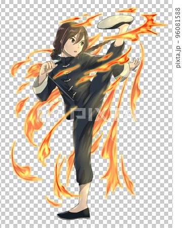 一個穿著中國服裝擺姿勢踢功夫明星式火焰效果的辮子的男人 96081588