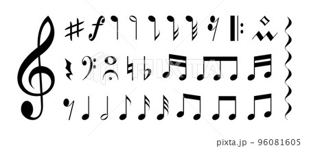 Music notes. Musical song melody tune clef icons, symphony sound tone stave sheet design flat simple style. Vector isolated collection Music notes. Musical song melody tune clef icons, symphony sound tone stave sheet design flat simple style. Vector isolated collection 96081605