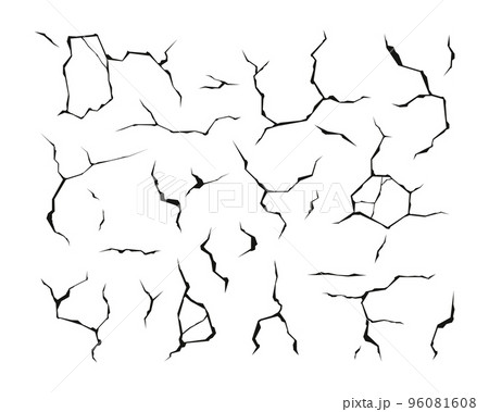 Wall cracks. Earthquake ground split, destruction damage smash crushed landscape surface texture isolated on transparent background. Vector set Wall cracks. Earthquake ground split, destruction damage smash crushed landscape surface texture isolated on transparent background. Vector set 96081608
