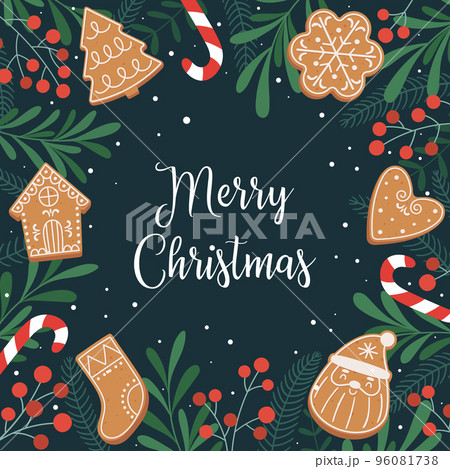 Merry Christmas. Template for a holiday card or print with gingerbread, lollipops and winter plants. 96081738