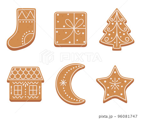 Set of Christmas gingerbread cookies in flat cartoon style. Set of Christmas gingerbread cookies in flat cartoon style. 96081747