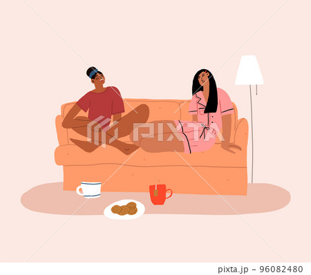 two girls are talking sitting on the couch. Women friendship and communication. Flat vector illustration. Vector illustration two girls are talking sitting on the couch. Women friendship and communication. Flat vector illustration. Vector illustration 96082480