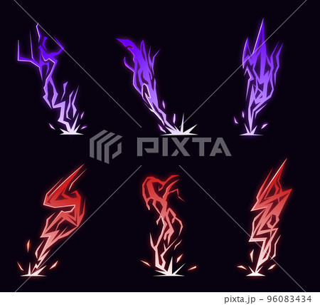 Lightning animation set with sparks. Cartoon lightning effect. Thunderbolt strike comic sprite asses for 2D game . Purple color splash animation for game, cartoon, motion or something else. 96083434