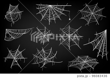 Spider web set isolated on dark background. Spider web elements,spooky, scary, horror halloween decor. Hand drawn silhouette, vector illustration 96083436
