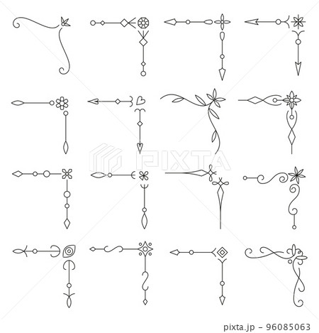 Vintage corner border black thin line set. Line elegant victorian flourish text decoration for wedding invitation, greeting card, menu. Retro art deco frames ornate divider, separator, delimiter Vintage corner border black thin line set. Line elegant victorian flourish text decoration for wedding invitation, greeting card, menu. Retro art deco frames ornate divider, separator, delimiter 96085063