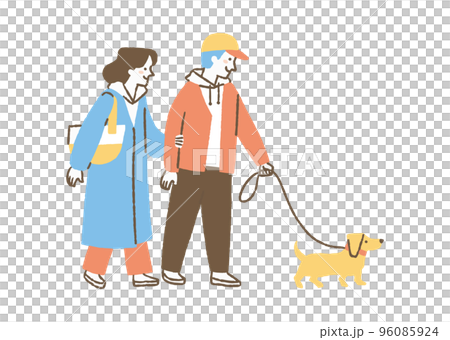 Two men and women walking a dog _ color Two men and women walking a dog _ color 96085924