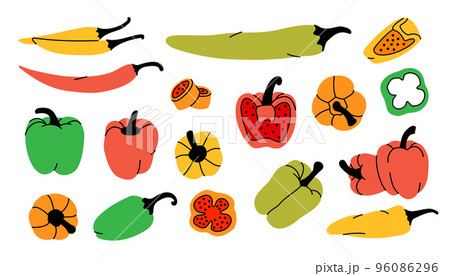 Set of pepper sketch. Red hot chili peppers and bell peppers sketch illustration. Pepper drawing. Hand drawn design element. Vector illustration Set of pepper sketch. Red hot chili peppers and bell peppers sketch illustration. Pepper drawing. Hand drawn design element. Vector illustration 96086296