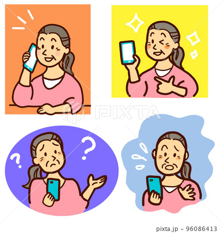 スマホを操作するシニア女性 笑顔、困る、焦る表情のセット スマホを操作するシニア女性 笑顔、困る、焦る表情のセット 96086413