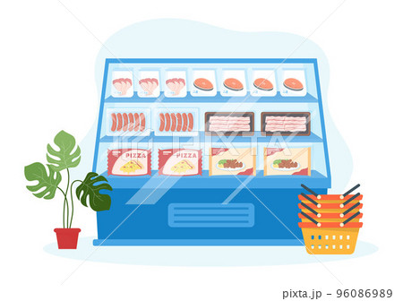 Frozen Food Store with Products Vacuumed using Foil and Pouch Packaging to be Fresh in Hand Drawn Cartoon Template Illustration 96086989