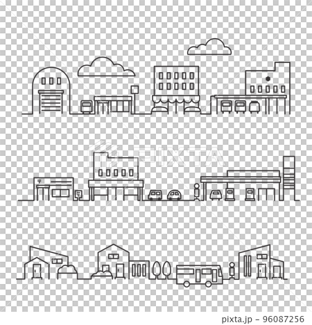 シンプルでおしゃれなイラストセット　郊外の街並みモノトーン 96087256
