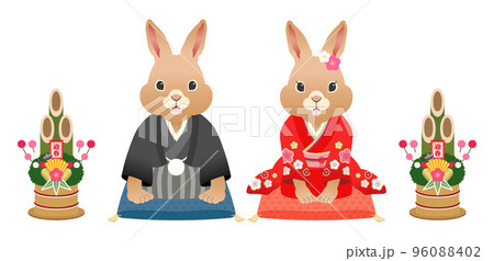 2023年　卯年　挨拶する着物のうさぎのペア【座布団】 96088402