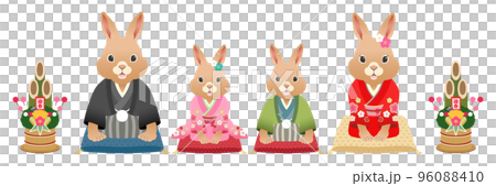 2023年兔年問候穿著和服和門鬆的兔子家族 96088410
