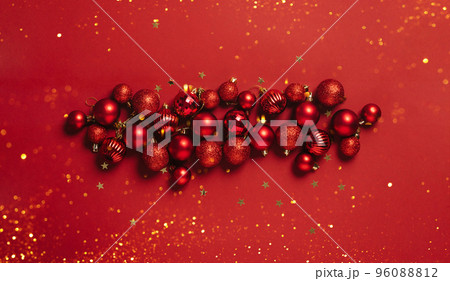 Beautiful red decoration balls Christmas toys red background. Festive mockup Christmas or New Year Beautiful red decoration balls Christmas toys red background. Festive mockup Christmas or New Year 96088812