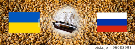 Defocus Russian-Ukrainian grain deal. Ukraine and Russia flag. High grain price, wheat shortage and food crisis concept. Block ports. Export wheat. United Nations. Out of focus 96088993