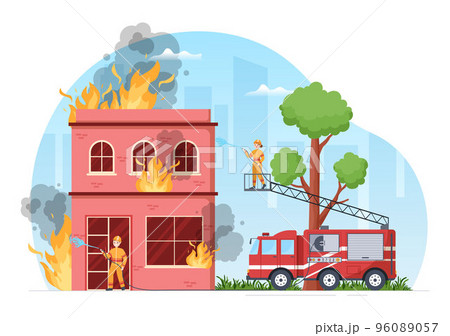 Fire Department with Firefighters Extinguishing House, Forest and Helping People in Various Situations in Flat Hand Drawn Cartoon Illustration Fire Department with Firefighters Extinguishing House, Forest and Helping People in Various Situations in Flat Hand Drawn Cartoon Illustration 96089057
